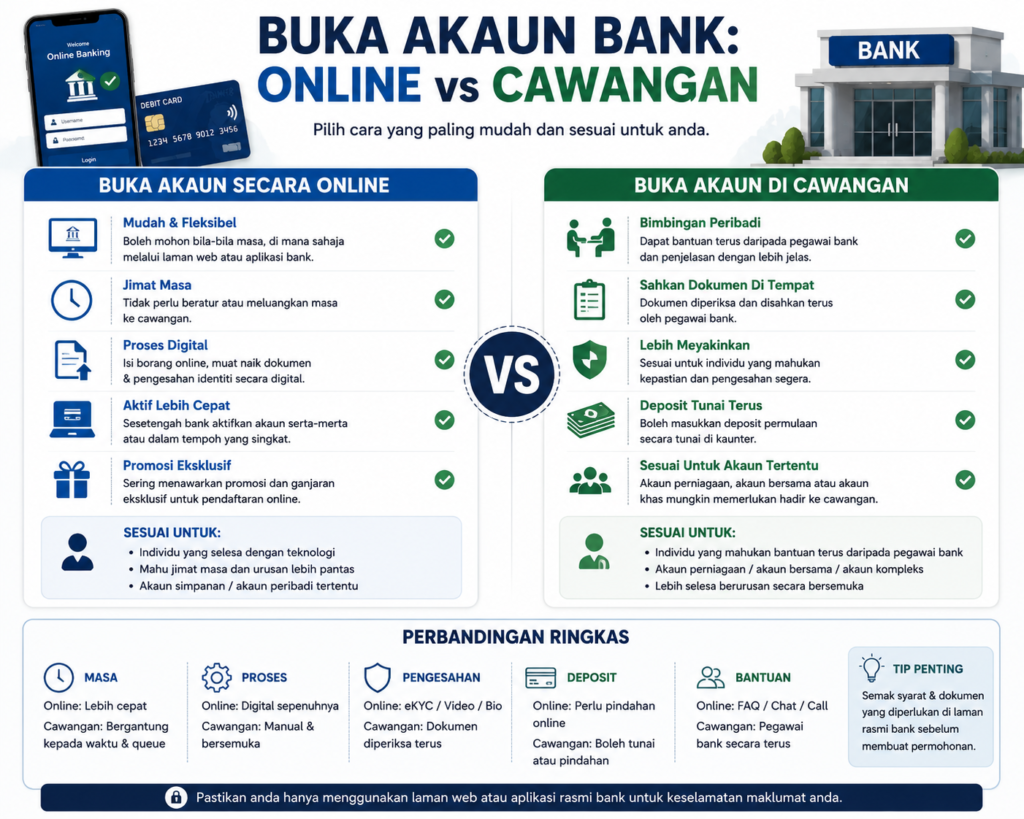 Buka akaun bank online vs cawangan