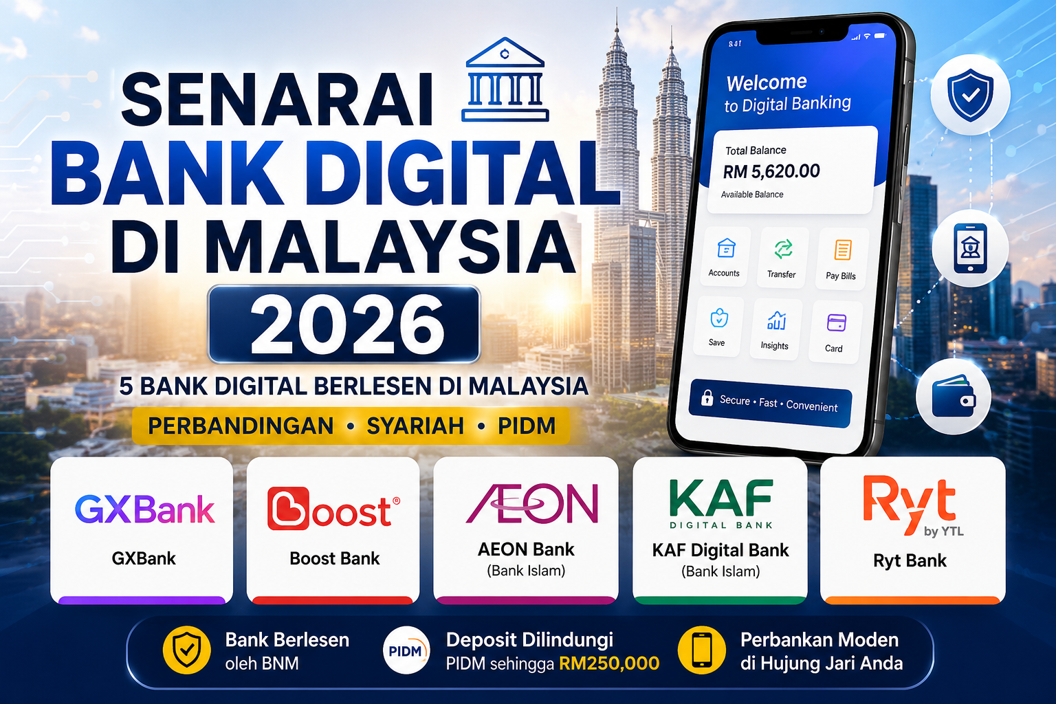 Senarai bank digital di Malaysia 2026 termasuk GXBank, Boost Bank, AEON Bank, KAF Digital Bank dan Ryt Bank. Lihat perbandingan, Syariah & PIDM.